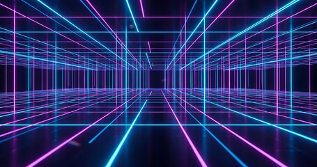 Abstract futuristic digital grid tunnel with neon blue and purple lights