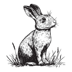 Hare, rabbit, sketch. Vintage retro print, wild hare, farm rabbit sketch ink pencil style drawing, linear drawing, engrave old school. Sketch artwork silhouette wild hare, farm rabbit. Illustration