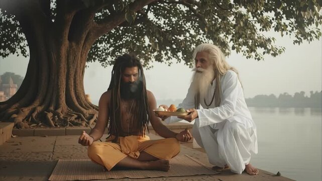 A disciple sits beside a meditating sage at the riverside, surrounded by serene light and spiritual calm.