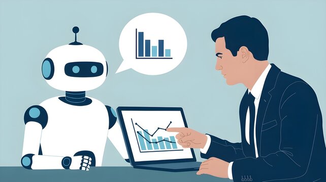 Man in suit presenting data to robot with graph in speech bubble on laptop