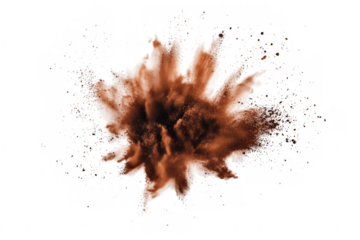 A dynamic explosion of brown powder creating a dramatic cloud effect against a white background. symbolizing creativity and energy. suitable for artistic or culinary themes