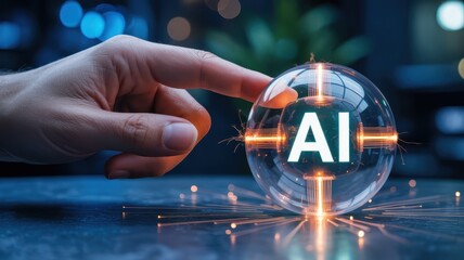 Human finger interacts with a glowing sphere containing the illuminated abbreviation for artificial intelligence