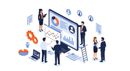 An isometric vector illustration showing a team of business professionals analyzing charts and graphs on a large digital dashboard for data-driven strategy