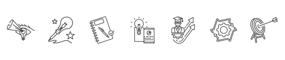 Big idea icon collection illustration includes Vision, creativity, plan, knowledge, development, synergy, goal with thin line style and white background.