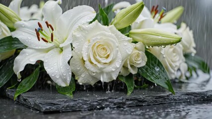White lily and rose flower bouquet with water drops falling on them. Funeral flower decoration. Sympathy card and memorial service design.