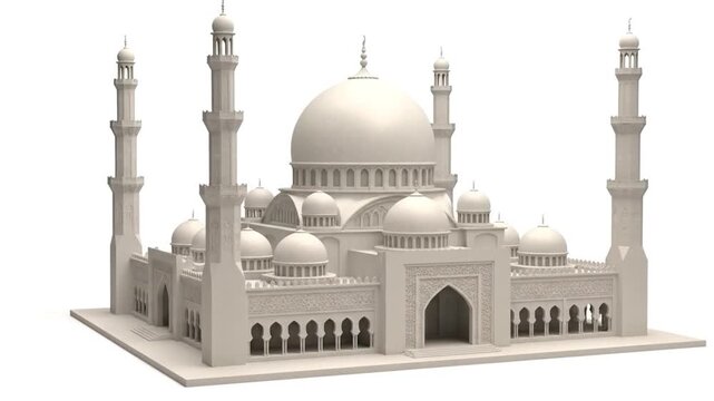 Rendered beige mosque featuring large dome, tall towers on white background