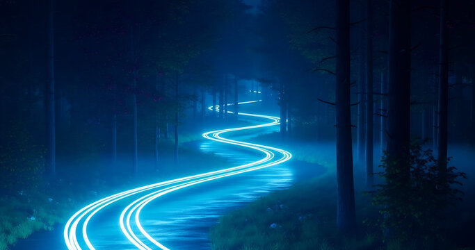 Blue light trails winding through a dark forest at night