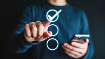Person completes a digital checklist item using a glowing interface while holding a mobile device