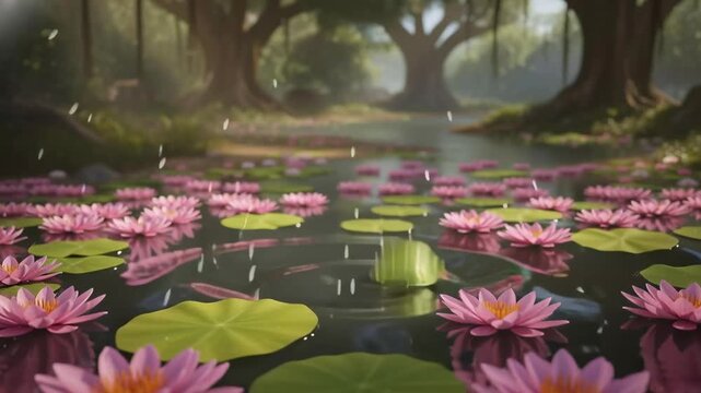A green frog sits calmly on a lotus leaf in a mystic pond, surrounded by serene water and ethereal light.