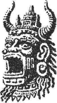 Mythological horned demon or god mask vector illustration in a unique stipple art style. Design inspired by ancient Assyrian or Babylonian culture, perfect for fantasy themes.

