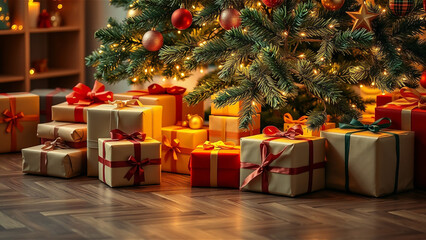 Christmas Background Photo with Festive Holiday Decorations and Warm Lights