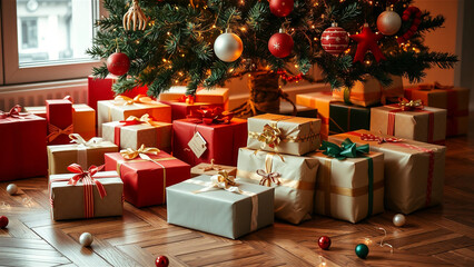 Christmas Background Photo with Festive Holiday Decorations and Warm Lights