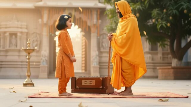 A guru blesses a child playing the harmonium in the temple courtyard, radiating spiritual warmth and harmony.