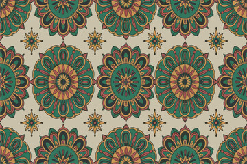 Seamless Vector Mandala Pattern with Vintage Floral Ornaments. Luxury Bohemian Background for Yoga and Meditation Designs. Elegant Ornamental Backdrop for Wedding or Greeting Cards. 