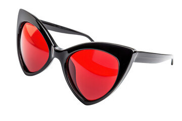 A stylish pair of black cat-eye sunglasses with bold red lenses resting on a clean white surface. perfect for fashion enthusiasts and accessories in editorial photography
