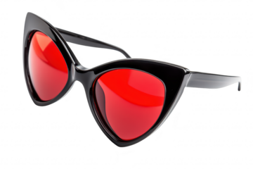 A stylish pair of black cat-eye sunglasses with bold red lenses resting on a clean white surface. perfect for fashion enthusiasts and accessories in editorial photography