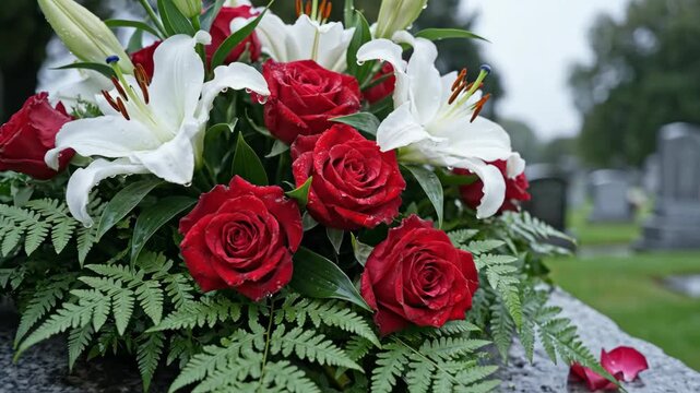 Red roses and white lily flower composition on a granite tombstone. Funeral bouquet for solemn ceremony. Memorial day concept.