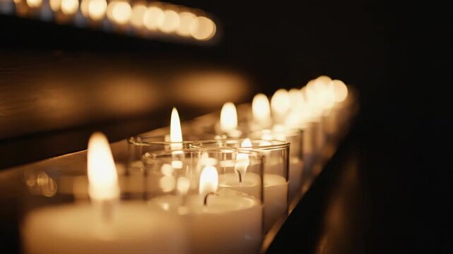 Line of flickering candle light showing spiritual devotion, tribute, memorial, or remembrance. Funeral, grief and sorrow concept.