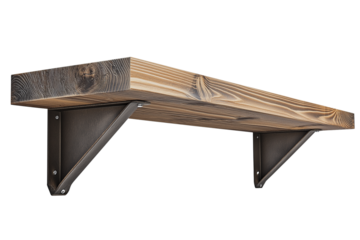 Simple Wood Shelf with Metal Brackets Isolated on Transparent Background
