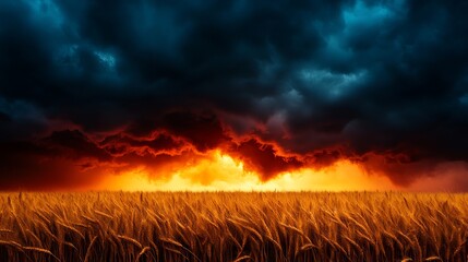 Wheat field stands golden under dramatic storm clouds with an orange glow on the horizon.