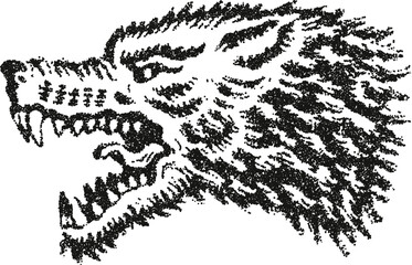 Aggressive wolf head showing bared teeth, rendered in a creative stipple vector art style. Ferocious and wild canine predator design perfect for mascots or emblems.
