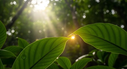 Close-up of a tiny water droplet suspended between two lush green leaves in a forest, catching a brilliant sun ray and creating a sparkling lens flare. This image symbolizes nature's energy.