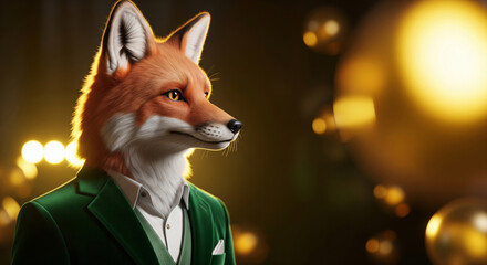 Anthropomorphic red fox wearing a stylish green suit and white shirt posing against a dark background with golden bokeh lights portraying luxury and elegance