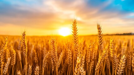 Fototapeta premium Wheat stalks fill the golden field as the sun sets in the background, creating a warm and bright scene.
