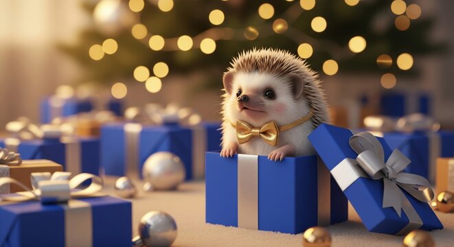 Cute hedgehog wearing gold bow tie sitting inside blue gift box amidst christmas presents and bokeh lights symbolizing holiday surprise