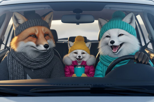 Anthropomorphic fox family traveling in a car during winter with happy parents and a child in the back seat wearing warm knitted hats and scarves