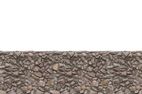 Rubble stone fence section with tight mortar joints is isolated.