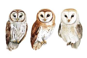 Three beautifully illustrated owls distinct feather patterns and colors. perched gracefully against a clean white background. ideal for educational materials or nature-themed decor