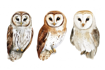 Three beautifully illustrated owls distinct feather patterns and colors. perched gracefully against a clean white background. ideal for educational materials or nature-themed decor