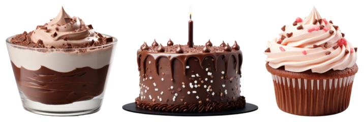 PNG Assorted chocolate desserts: mousse, cake, and cupcake element set on transparent background.