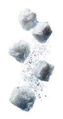 Falling sugar cubes scatter, showing textured crystal facets on black