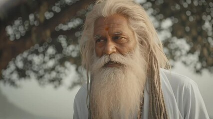 An old sage holds an aarti plate at the riverside, offering a serene and radiant devotional ritual.