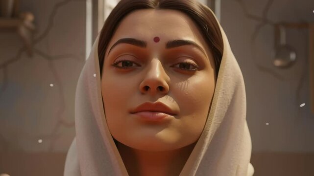 A traditional Indian woman with a bindi is portrayed gracefully, radiating cultural elegance and serene charm.