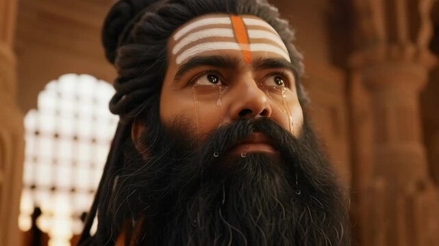 A bearded sage sits inside an ancient temple, his face glowing with timeless wisdom and calm.