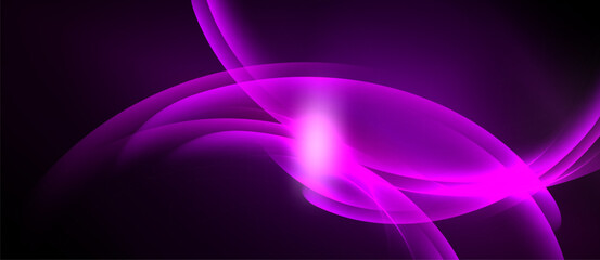 Abstract purple waves, glowing light source. Smooth curves create dynamic visual effect. Dark background emphasizes bright shapes.
