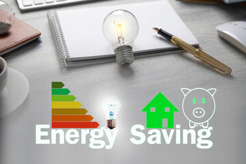 Energy Saving concept. Piggy bank, house, light bulb. Energy Efficiency