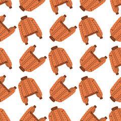 Pattern of an orange knitted sweater with short length. clothing has a textured surface and ribbed cuffs and collar. For winter fashion and cozy designs made from textiles, fabrics, or wrapping paper