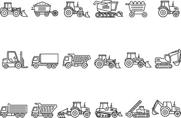 Farm agriculture and construction machinery icons, vector line art set of tractor, truck and excavator, heavy equipment outline for industry design
