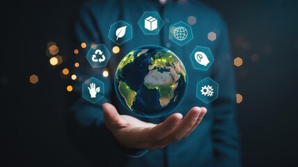 Person presenting holographic digital icons representing global environmental responsibility above an illuminated terrestrial sphere