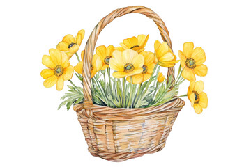 A beautifully illustrated wicker basket filled with yellow flowers. set against a plain background. ideal for use in greeting cards. home decor. or floral arrangements