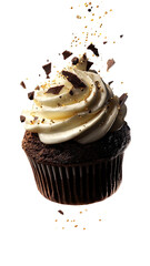 Chocolate cupcake with swirl frosting & sprinkles on dark background