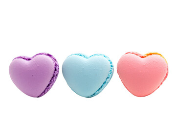 Three colorful heart-shaped macarons arranged in a row. pastel colors of purple. blue. and pink against a clean white background. ideal for dessert-themed projects or celebrations