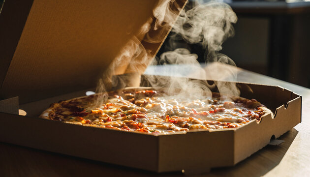 Hot steaming pizza in an open cardboard delivery box, fresh from the oven. - Powered by Adobe