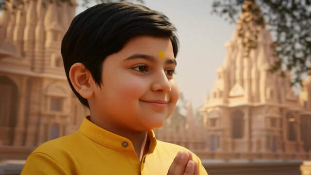 A smiling Indian boy with a tilak glows beautifully in soft golden light.