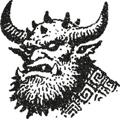 Horned mythological creature head with a thick beard and tribal patterns, designed in a powerful stipple vector art style. Represents a demon, Viking warrior, or forest god.
