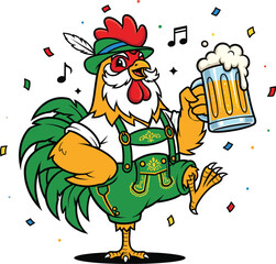 Happy cartoon rooster wearing Bavarian lederhosen and hat, holding beer mug and dancing, festive vector illustration for Oktoberfest celebration party design